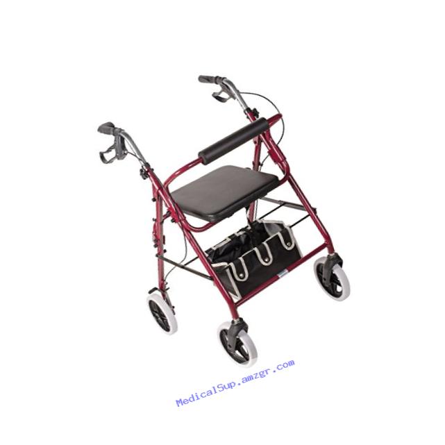 Duro-Med DMI Lightweight Adjustable Seat Height Aluminum Rollator Walker with Cushioned Backrest, Hand Brakes, Flip-Up Seat and Front Swivel Wheels, Burgundy