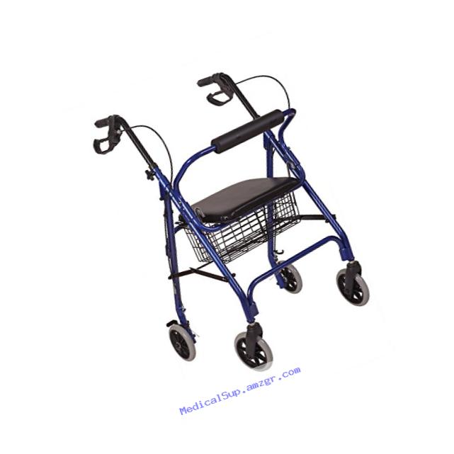 HealthSmart Rollator Walker, Adjustable Handle Height Folding Walker, Light Weight Aluminum Walker With Basket, Cushioned Seat and Padded Backrest, Royal Blue