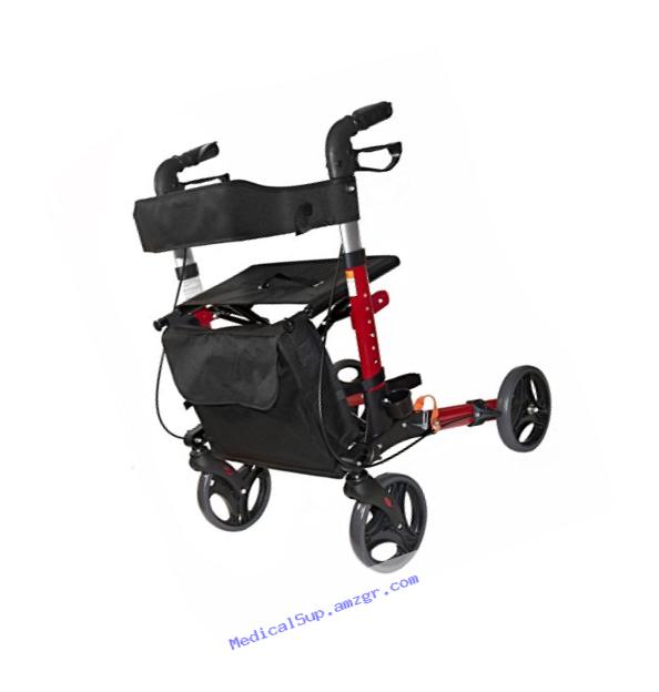 AdirMed Four Wheel, Euro Style, Easey to Fold Rollator Walker with Pouch and Cane Holder - Red