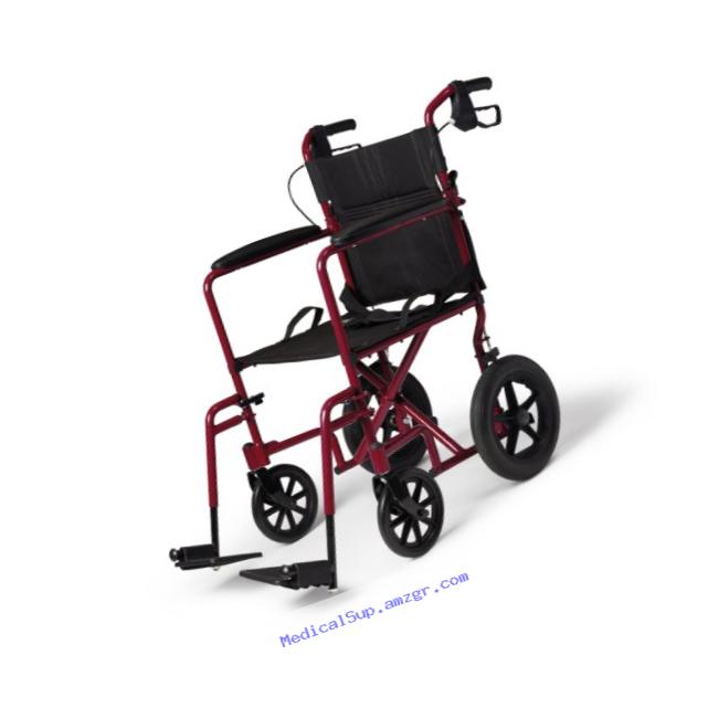 Medline Lightweight Transport Adult Folding Wheelchair with Handbrakes, Red