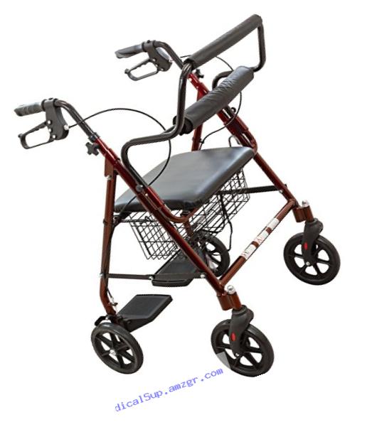 Roscoe Medical 30192 Transport Rollator with Padded Seat, Burgundy